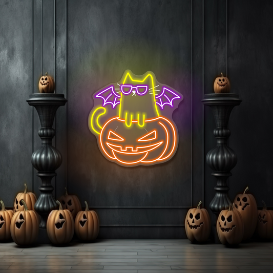 Halloween Cat on Pumpkin LED Neon Sign