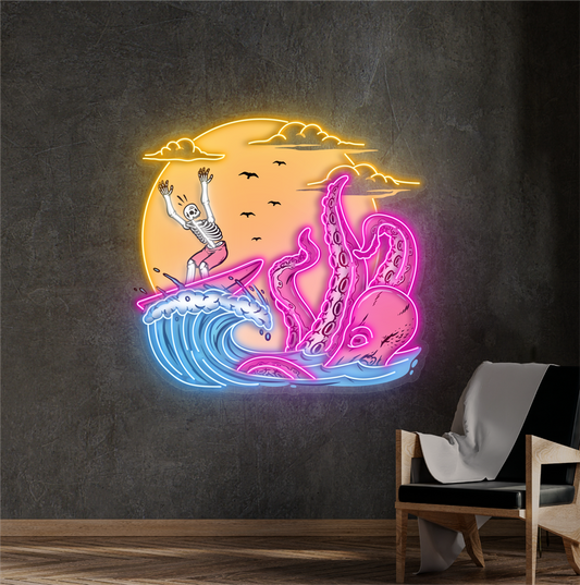 Skeleton Surf Showdown Artwork Led Neon Sign