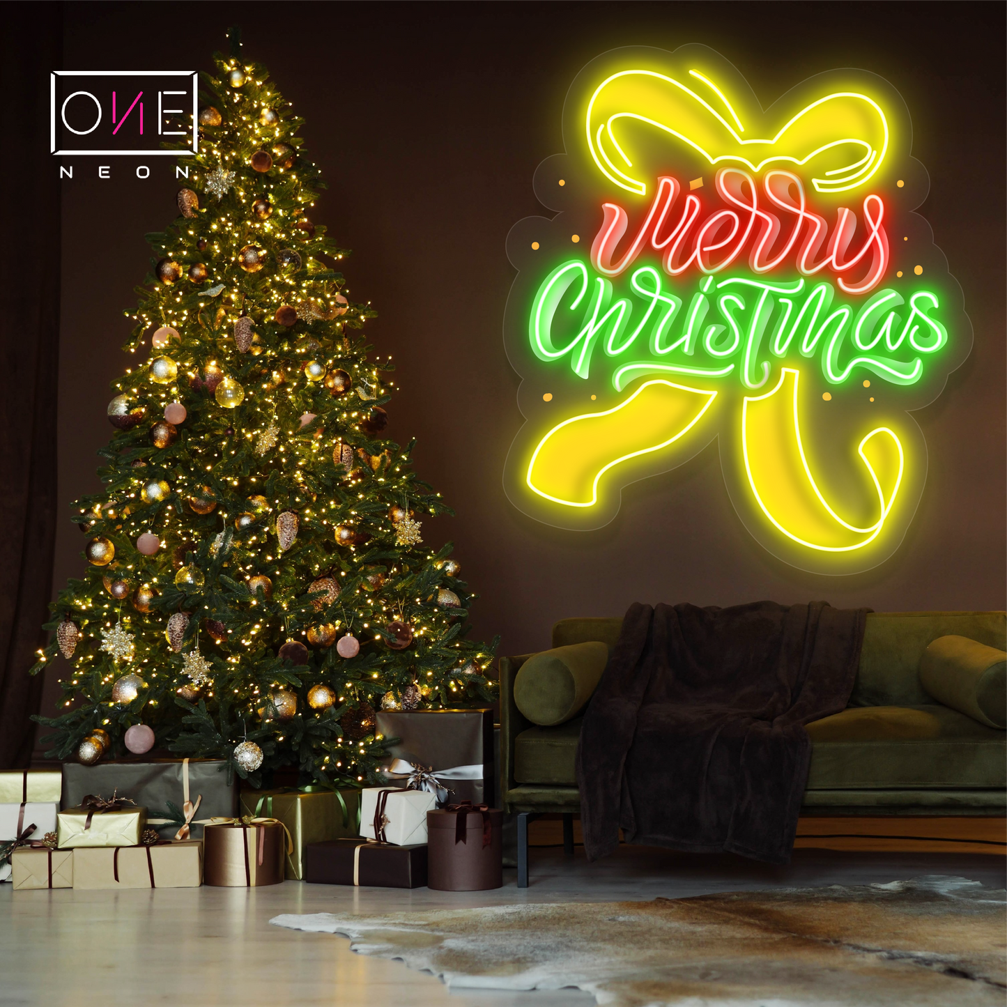 Merry Christmas Ribbon Artwork Led Neon Sign