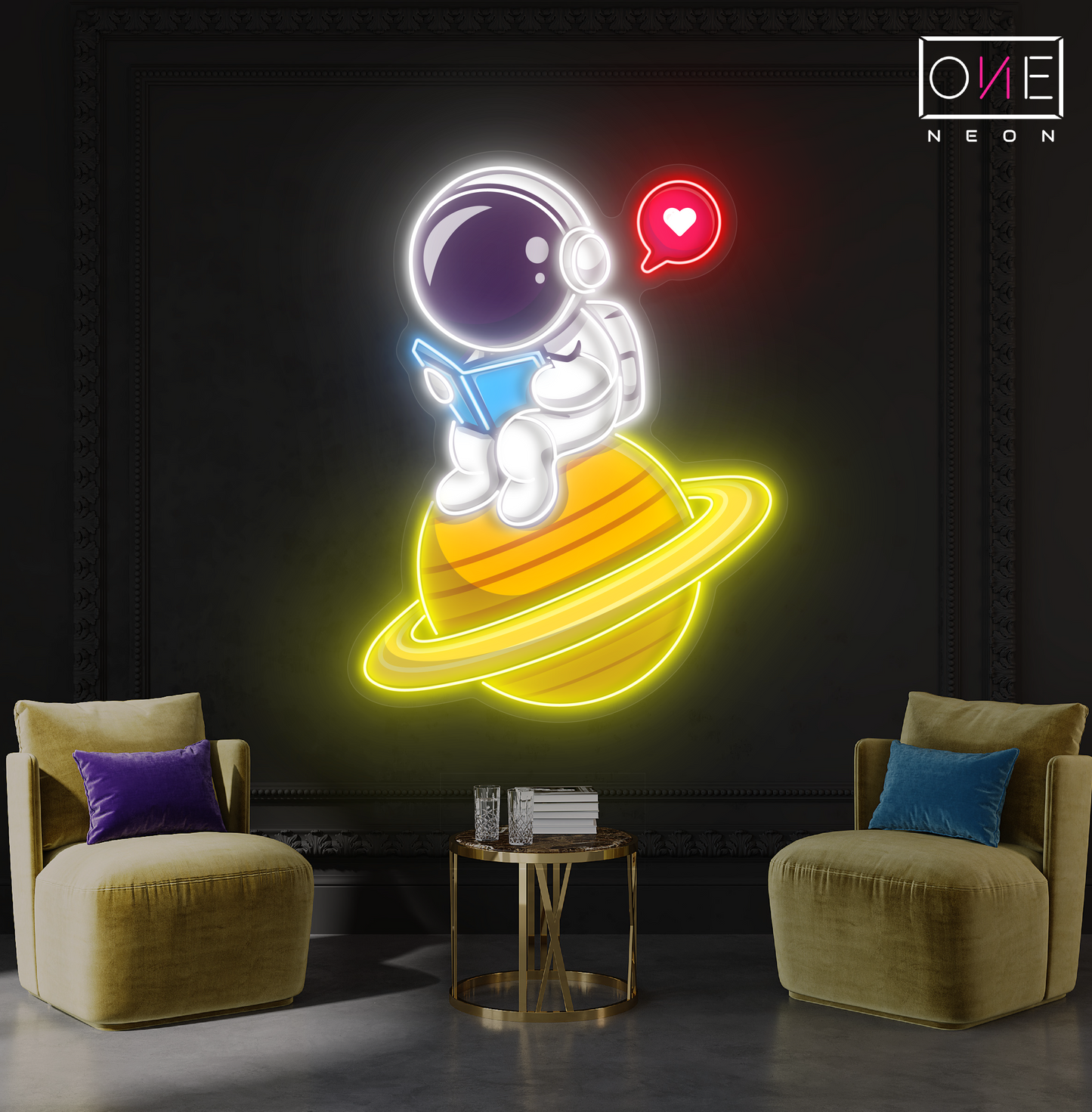 Cute Astronaut Reading Artwork Led Neon Sign