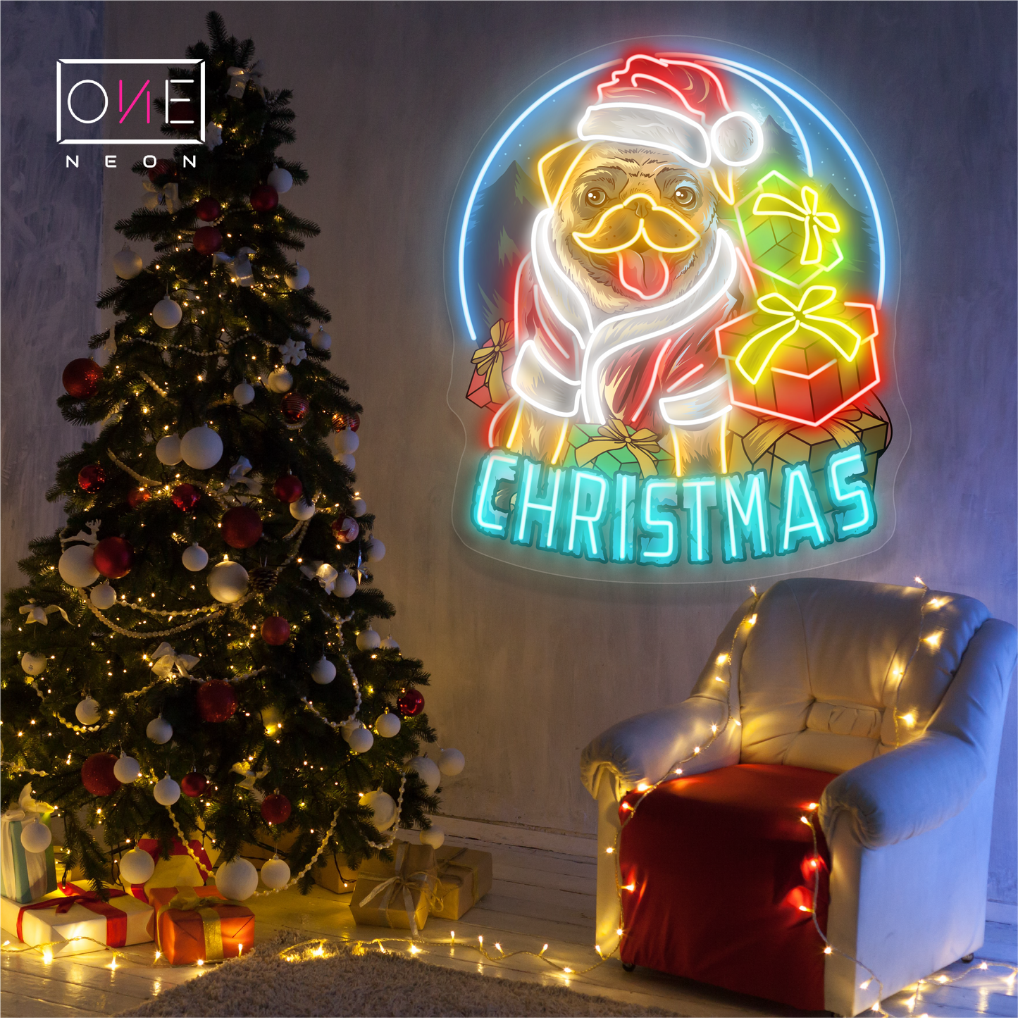 Pug Christmas Cheer Artwork Led Neon Sign