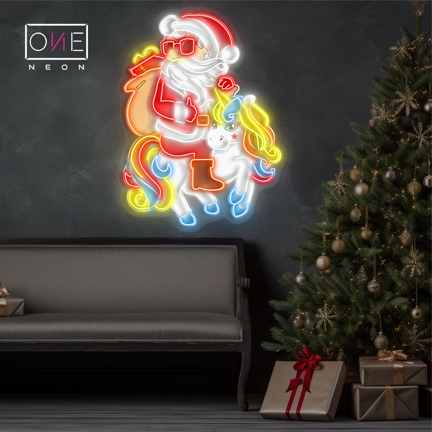 Santa and the Unicorn Christmas Artwork Led Neon Sign