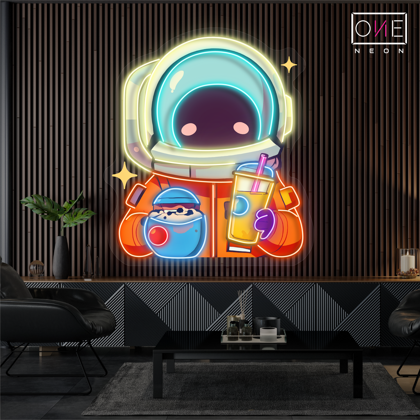 Cute Astronaut Drink Milk Tea Artwork Led Neon Sign