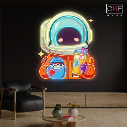 Cute Astronaut Drink Milk Tea Artwork Led Neon Sign