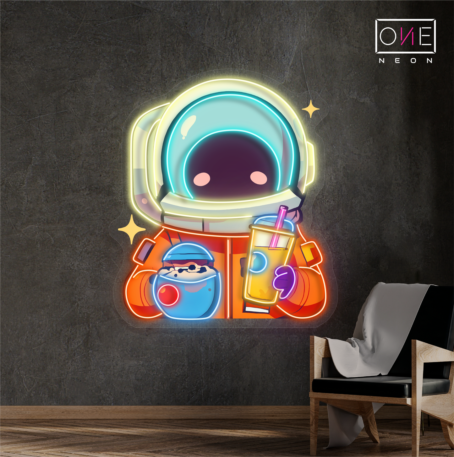 Cute Astronaut Drink Milk Tea Artwork Led Neon Sign