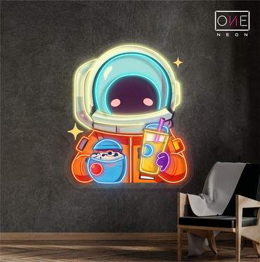 Cute Astronaut Drink Milk Tea Artwork Led Neon Sign