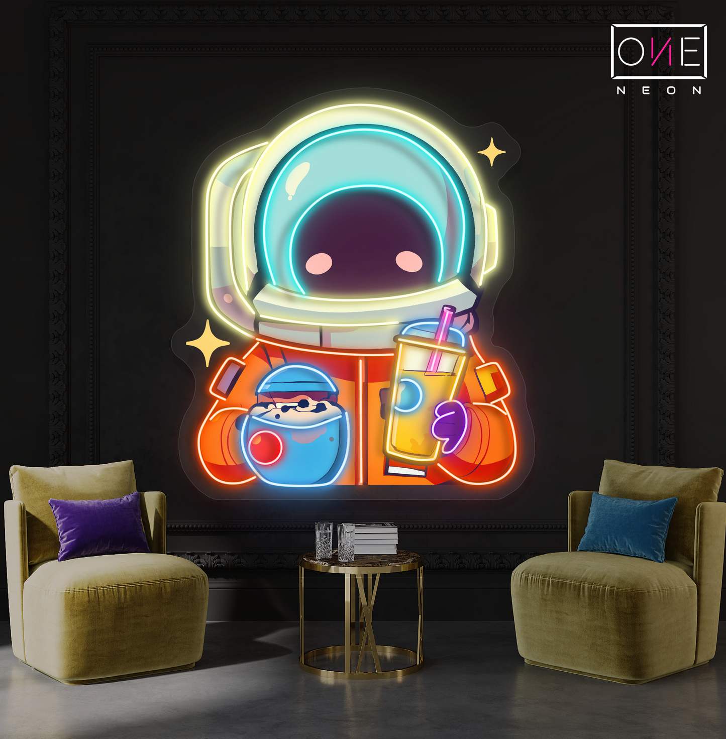 Cute Astronaut Drink Milk Tea Artwork Led Neon Sign