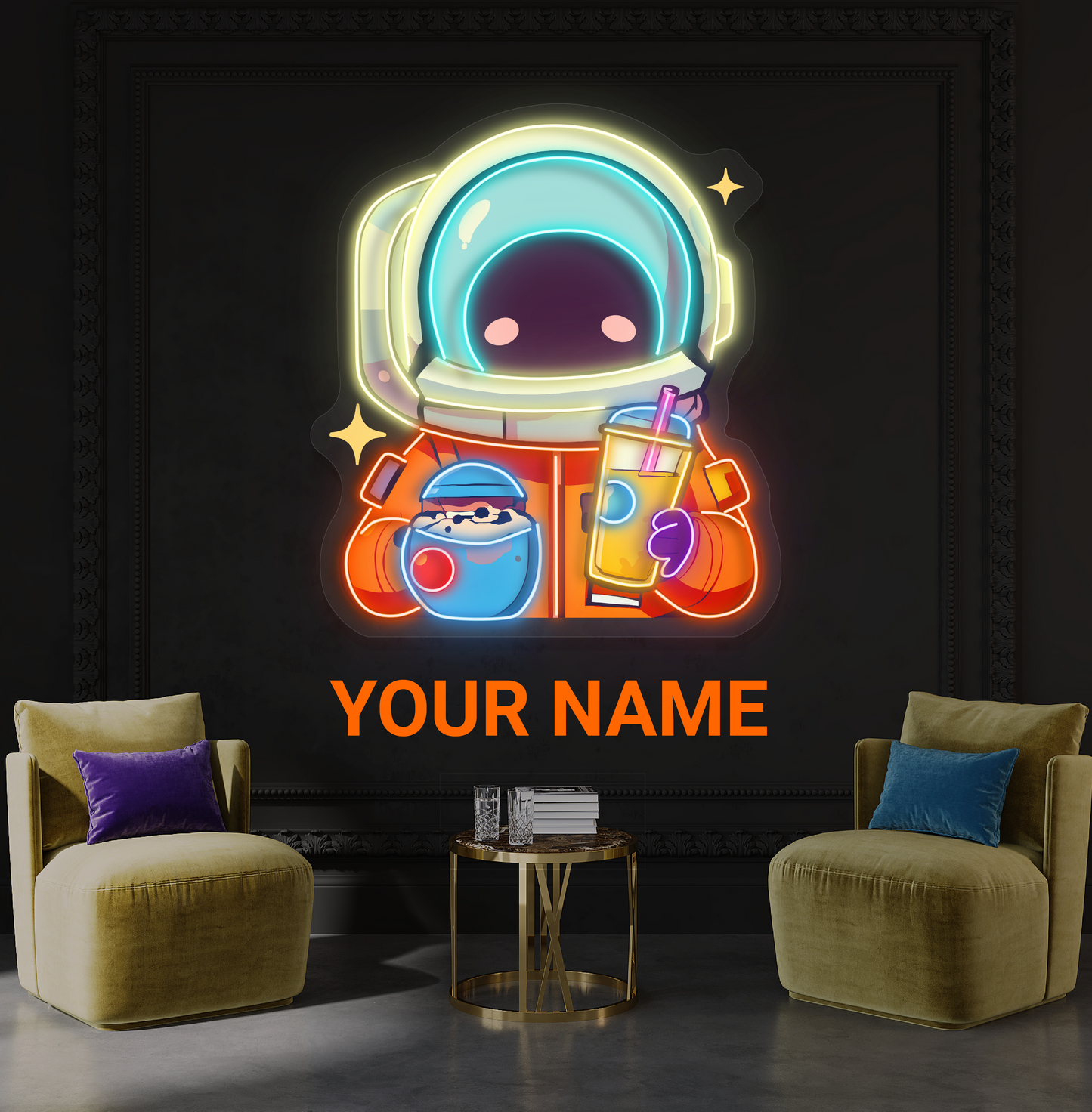 Cute Astronaut Drink Milk Tea Artwork Led Neon Sign