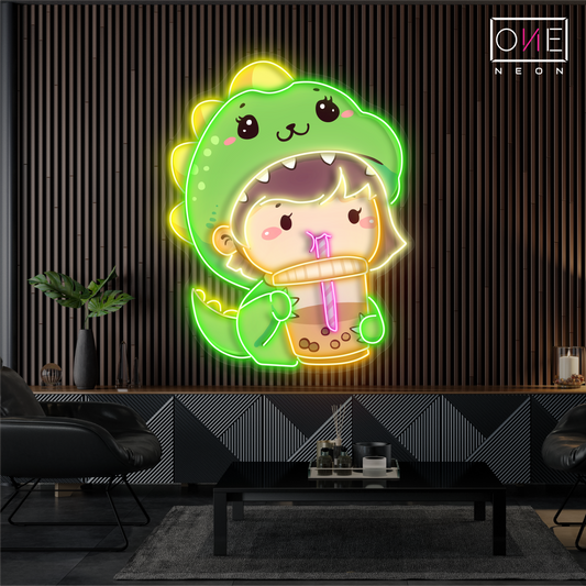 Cute Dino Boba Artwork Led Neon Sign