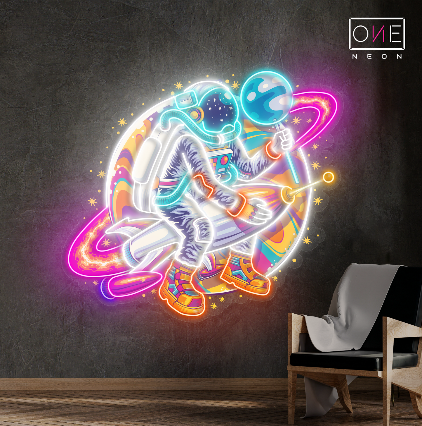 Funny Astronaut Planet Artwork Led Neon Sign