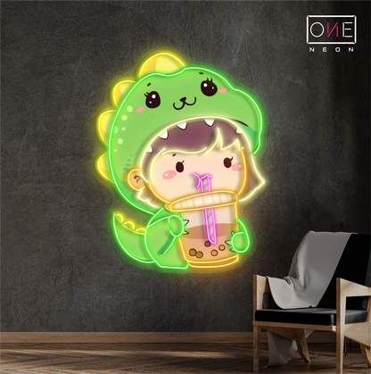 Cute Dino Boba Artwork Led Neon Sign