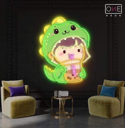 Cute Dino Boba Artwork Led Neon Sign