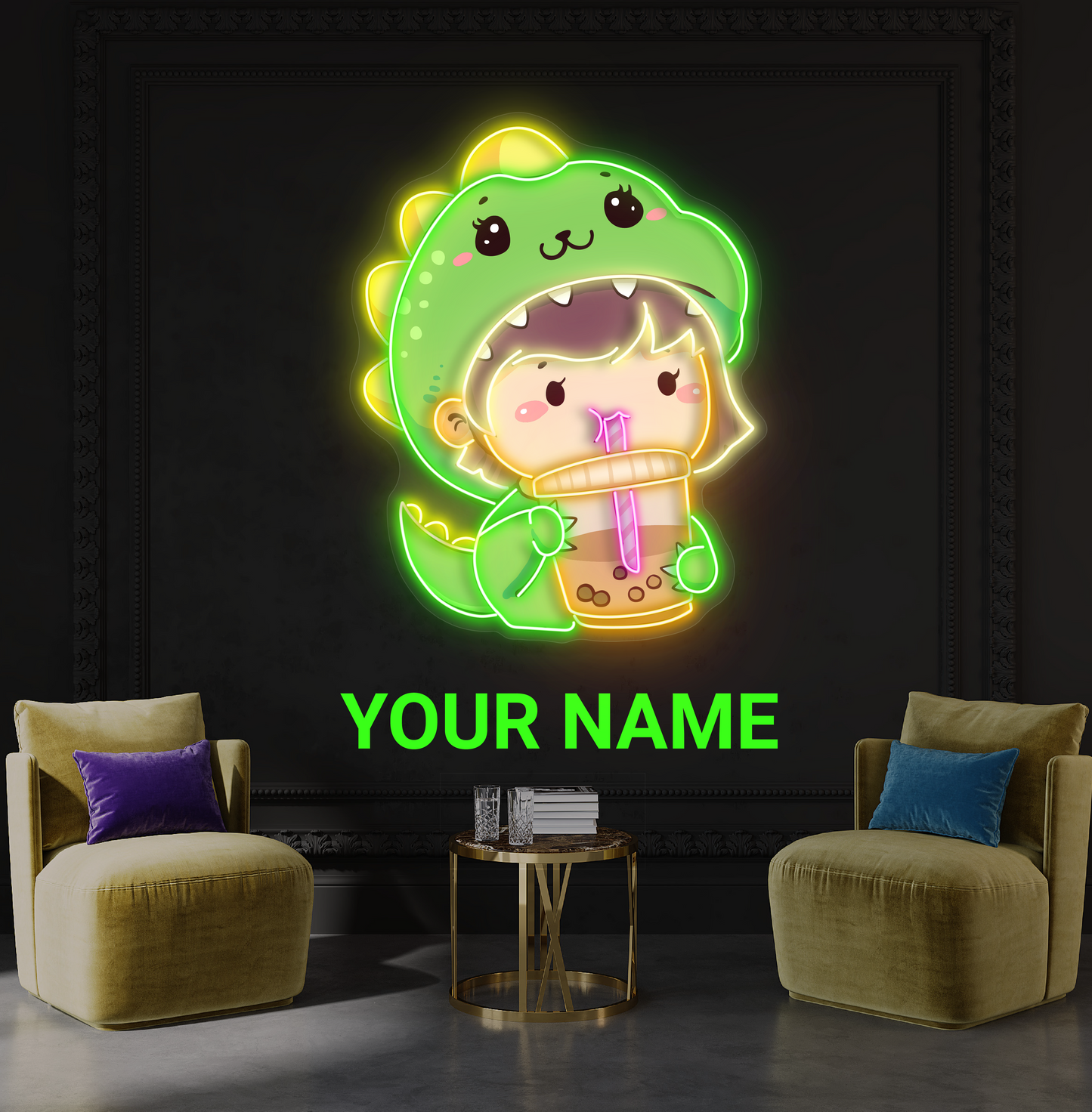 Cute Dino Boba Artwork Led Neon Sign