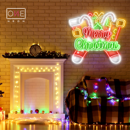 Merry Christmas Stockings Artwork Led Neon Sign