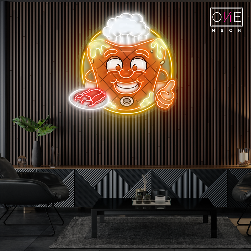 Happy Mascot Of Meat Steak Artwork Led Neon Sign