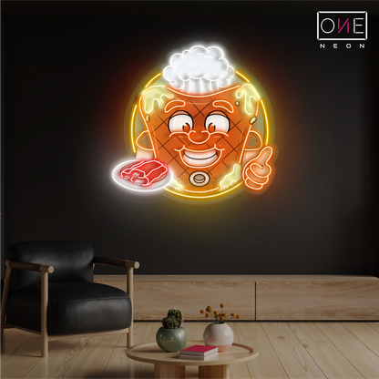 Happy Mascot Of Meat Steak Artwork Led Neon Sign