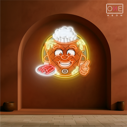 Happy Mascot Of Meat Steak Artwork Led Neon Sign