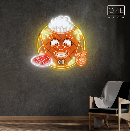 Happy Mascot Of Meat Steak Artwork Led Neon Sign