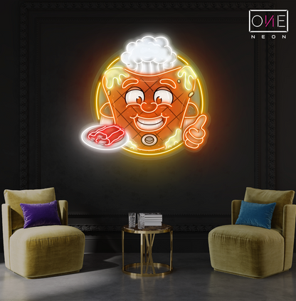 Happy Mascot Of Meat Steak Artwork Led Neon Sign