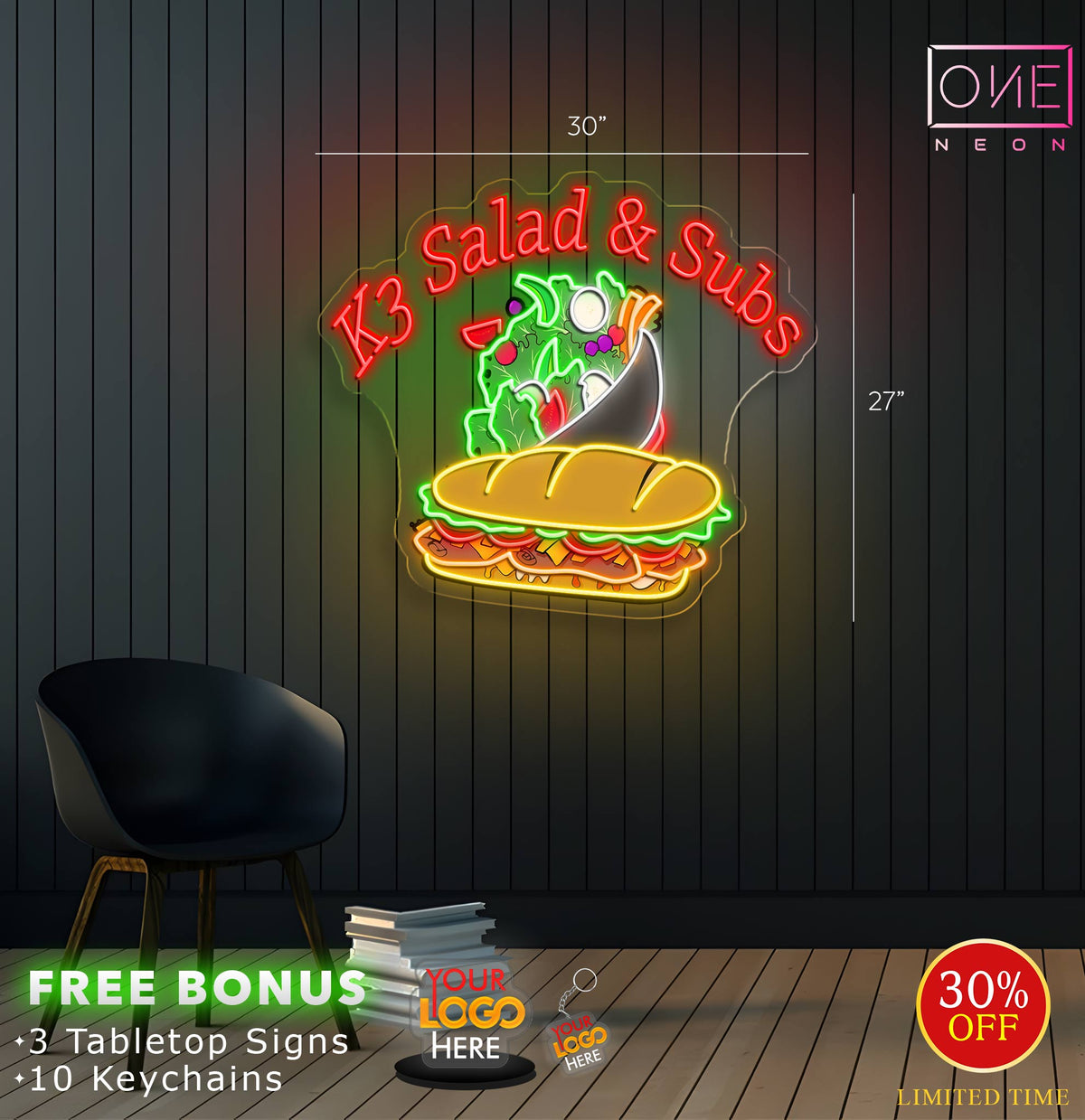 K3 Salad & Subs and OFF THE WALL BOWLS | LED Neon Sign